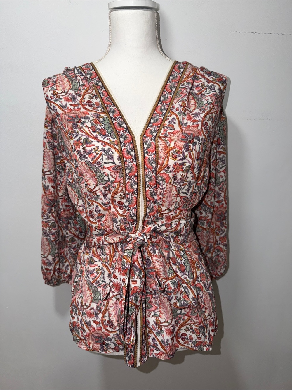 MAX STUDIO Wrap Blouse Tie Waist Colorful Floral Print S Spring Paisley Artsy‎